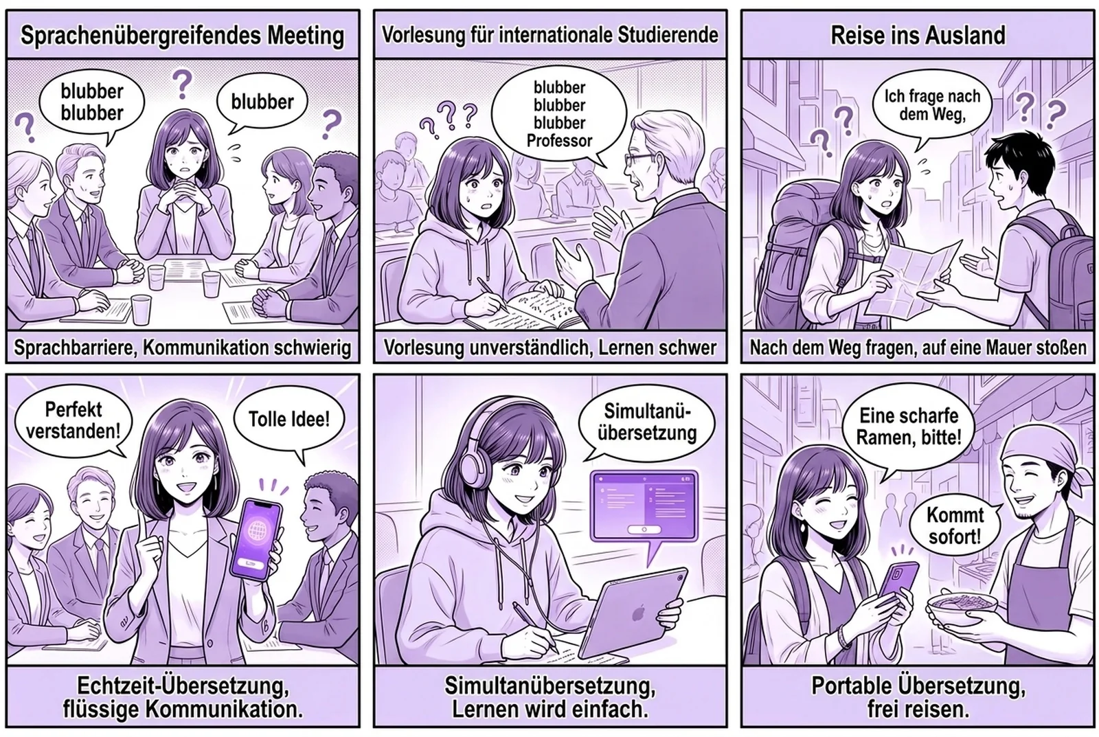 Ein sechsteiliger Comic zeigt, wie die Echtzeit-Sprachübersetzungs-App Felo Translator in drei Alltagsszenarien funktioniert: im mehrsprachigen Business-Meeting, im Hörsaal mit internationalen Studierenden und auf einer Auslandsreise. In jeder Szene wird das Gesprochene sofort transkribiert und in eine andere Sprache übersetzt – beide Sprachen werden in der App nebeneinander angezeigt.