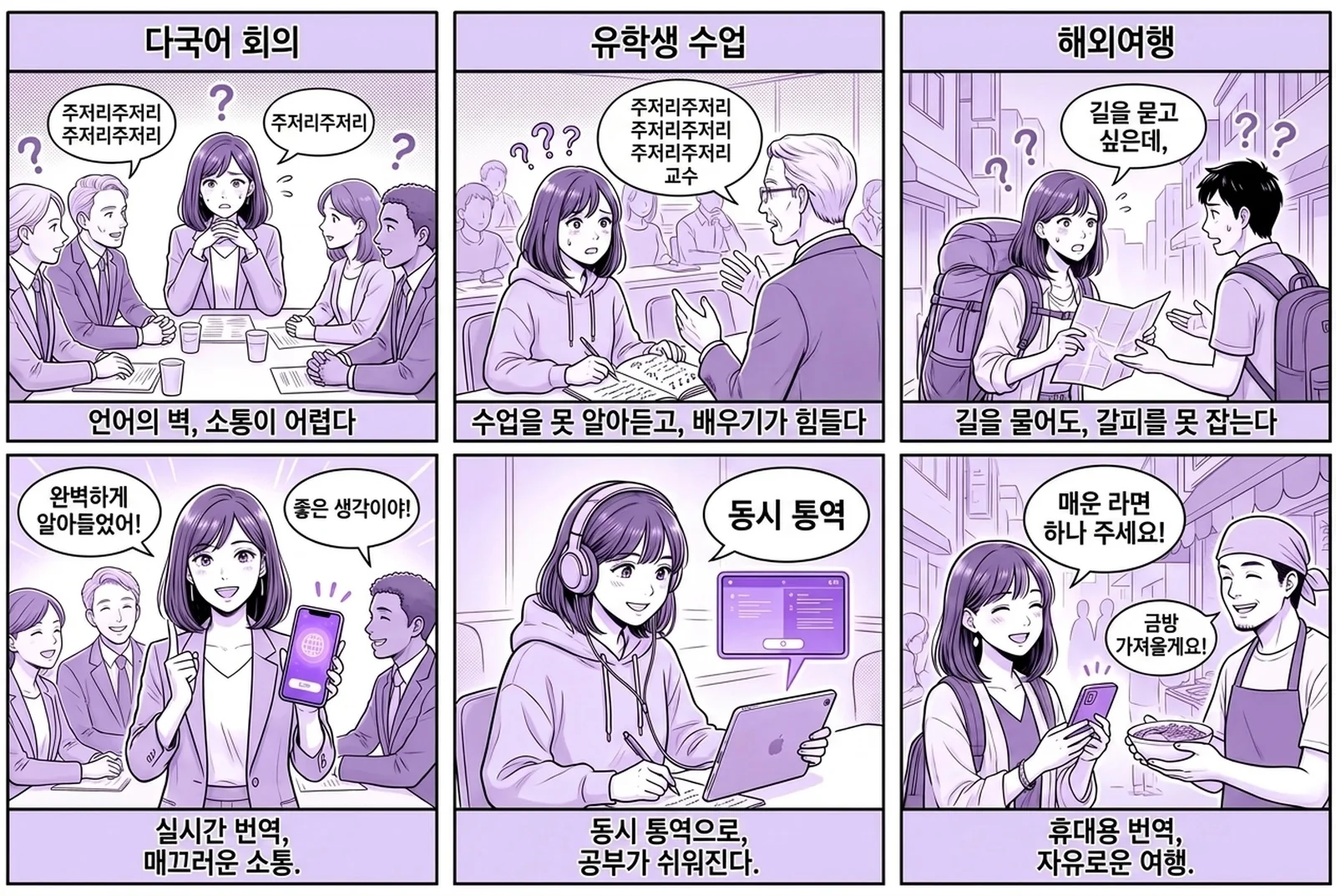 여섯 칸짜리 스토리 만화로 Felo 번역기 실시간 음성 번역 앱이 세 가지 일상 장면에서 쓰이는 모습을 보여줍니다. 다국어 비즈니스 회의, 국제 학생 강의, 해외 여행. 각 장면에서 말소리가 텍스트로 바뀌어 다른 언어로 번역되는 과정을 두 언어를 나란히 보여줍니다.