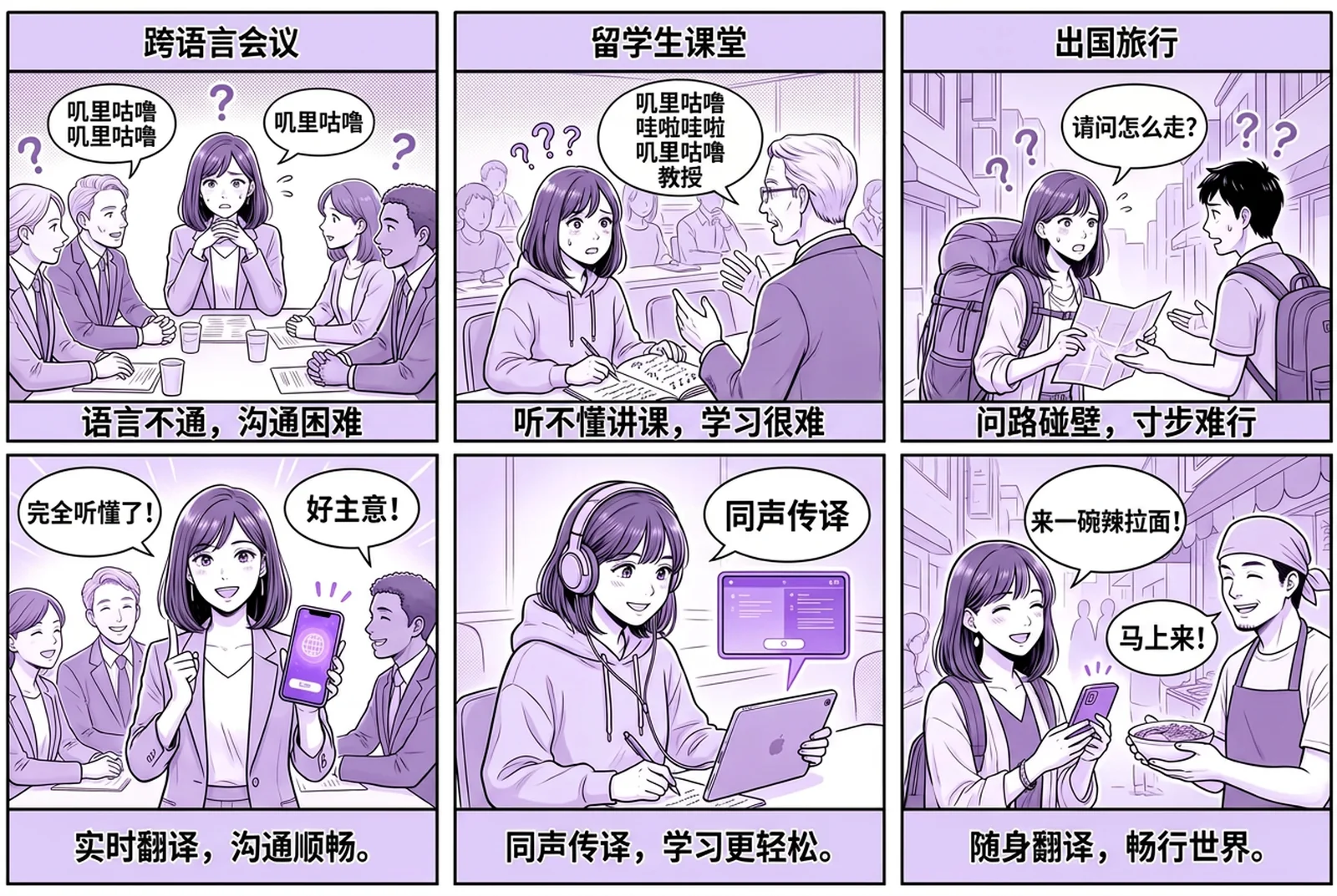 一幅6格故事漫画，介绍 Felo 实时翻译 App 在三个日常场景中的使用：多语言商务会议、面向国际学生的课堂、海外旅行。每个场景都展示说话内容被实时转写、并翻译成另一种语言的过程，两种语言在 App 中并排呈现。