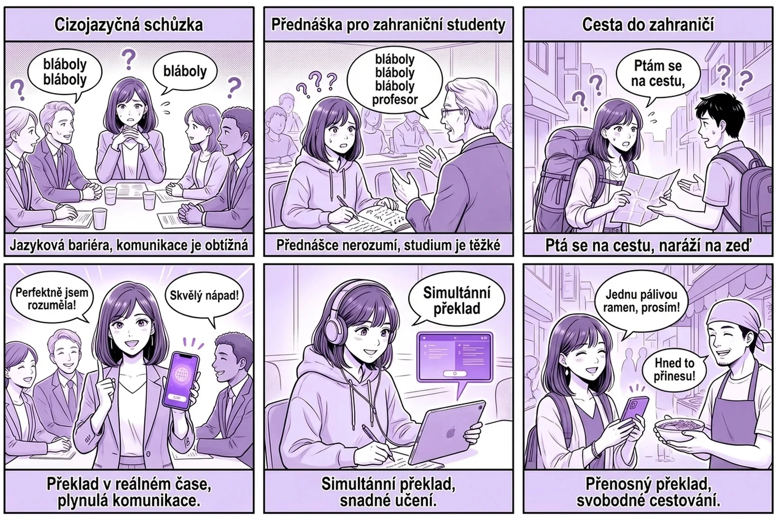 Šestidílný komiks ukazuje, jak funguje aplikace okamžitého hlasového překladu Felo Překladač ve třech běžných situacích: na vícejazyčné obchodní schůzce, na přednášce mezinárodních studentů a na cestách do zahraničí. V každé scéně se mluvené slovo okamžitě přepisuje do textu a překládá do jiného jazyka, přičemž oba jazyky jsou zobrazeny vedle sebe. Šestidílný komiks ukazuje, jak funguje aplikace okamžitého hlasového překladu Felo Překladač ve třech běžných situacích: na vícejazyčné obchodní schůzce, na přednášce mezinárodních studentů a na cestách do zahraničí. V každé scéně se mluvené slovo okamžitě přepisuje do textu a překládá do jiného jazyka, přičemž oba jazyky jsou zobrazeny vedle sebe.