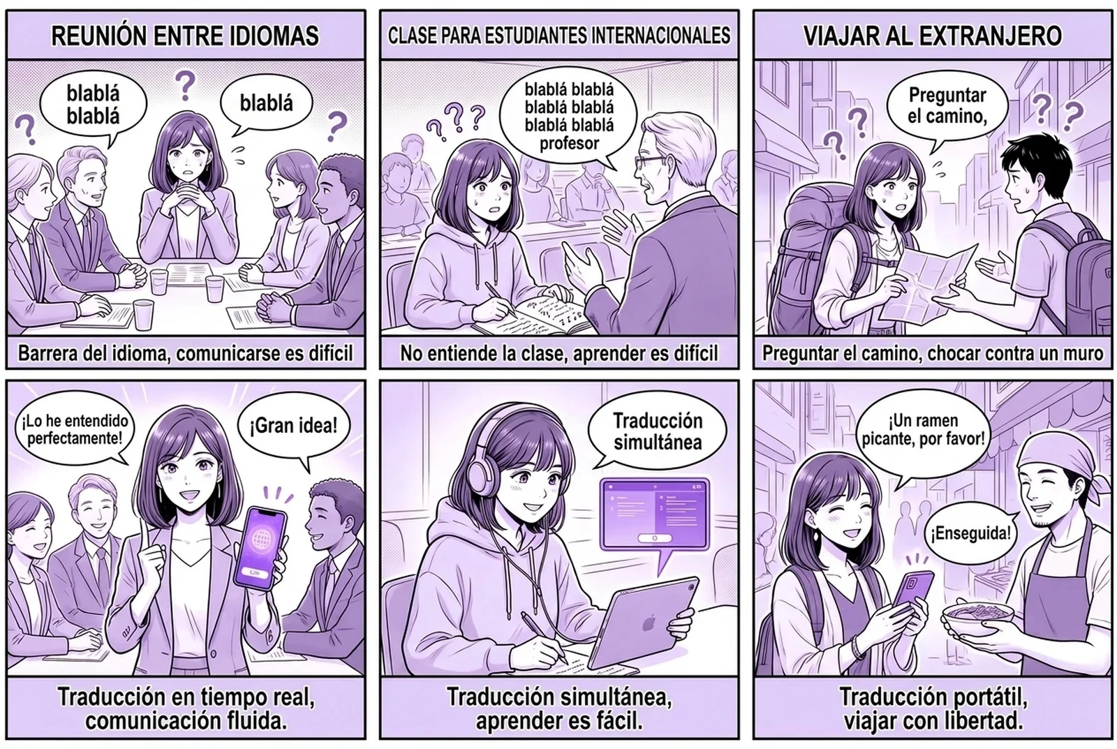 Un cómic de seis viñetas muestra cómo funciona la aplicación de traducción de voz en tiempo real Felo Translator en tres escenas cotidianas: una reunión de negocios multilingüe, una clase con estudiantes internacionales y un viaje al extranjero. En cada escena, lo hablado se transcribe al instante y se traduce a otro idioma, con las dos lenguas mostradas una al lado de la otra en la app. Un cómic de seis viñetas muestra cómo funciona la aplicación de traducción de voz en tiempo real Felo Translator en tres escenas cotidianas: una reunión de negocios multilingüe, una clase con estudiantes internacionales y un viaje al extranjero. En cada escena, lo hablado se transcribe al instante y se traduce a otro idioma, con las dos lenguas mostradas una al lado de la otra en la app.
