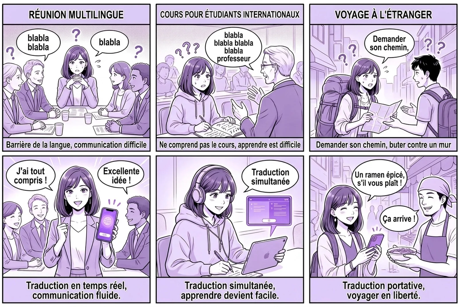 Une bande dessinée de six vignettes montre comment fonctionne l'application de traduction vocale en temps réel Felo Translator dans trois scènes du quotidien : une réunion d'affaires multilingue, un cours avec des étudiants internationaux et un voyage à l'étranger. Chaque scène détaille la voix transcrite instantanément puis traduite dans une autre langue, les deux langues affichées côte à côte dans l'application. Une bande dessinée de six vignettes montre comment fonctionne l'application de traduction vocale en temps réel Felo Translator dans trois scènes du quotidien : une réunion d'affaires multilingue, un cours avec des étudiants internationaux et un voyage à l'étranger. Chaque scène détaille la voix transcrite instantanément puis traduite dans une autre langue, les deux langues affichées côte à côte dans l'application.