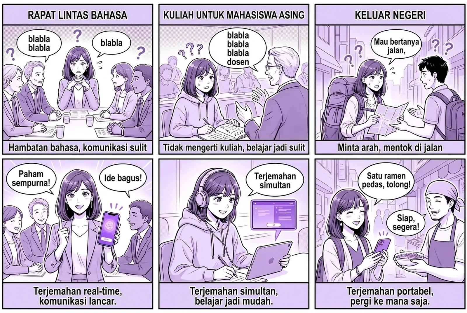 Komik enam panel memperlihatkan cara kerja aplikasi penerjemah suara real-time Penerjemah Felo dalam tiga situasi sehari-hari: rapat bisnis multibahasa, perkuliahan bersama mahasiswa internasional, dan perjalanan ke luar negeri. Di setiap panel, ucapan langsung diubah menjadi teks dan diterjemahkan ke bahasa lain, dengan dua bahasa ditampilkan berdampingan di aplikasi. Komik enam panel memperlihatkan cara kerja aplikasi penerjemah suara real-time Penerjemah Felo dalam tiga situasi sehari-hari: rapat bisnis multibahasa, perkuliahan bersama mahasiswa internasional, dan perjalanan ke luar negeri. Di setiap panel, ucapan langsung diubah menjadi teks dan diterjemahkan ke bahasa lain, dengan dua bahasa ditampilkan berdampingan di aplikasi.