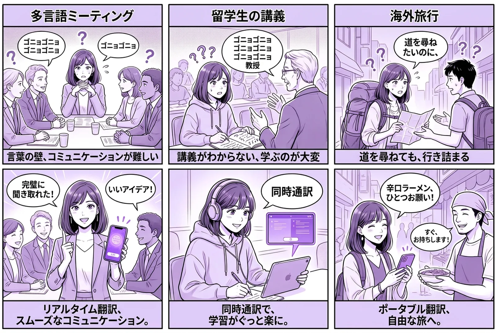 6コマのストーリー漫画で、Felo 瞬訳のリアルタイム音声翻訳アプリの使い方を3つの日常シーンで紹介:多言語のビジネス会議、留学生対象の講義、海外旅行。それぞれのシーンでは、話した言葉が瞬時に文字化され、別の言語に翻訳されていく様子を、2つの言語を並べて描いています。 6コマのストーリー漫画で、Felo 瞬訳のリアルタイム音声翻訳アプリの使い方を3つの日常シーンで紹介:多言語のビジネス会議、留学生対象の講義、海外旅行。それぞれのシーンでは、話した言葉が瞬時に文字化され、別の言語に翻訳されていく様子を、2つの言語を並べて描いています。