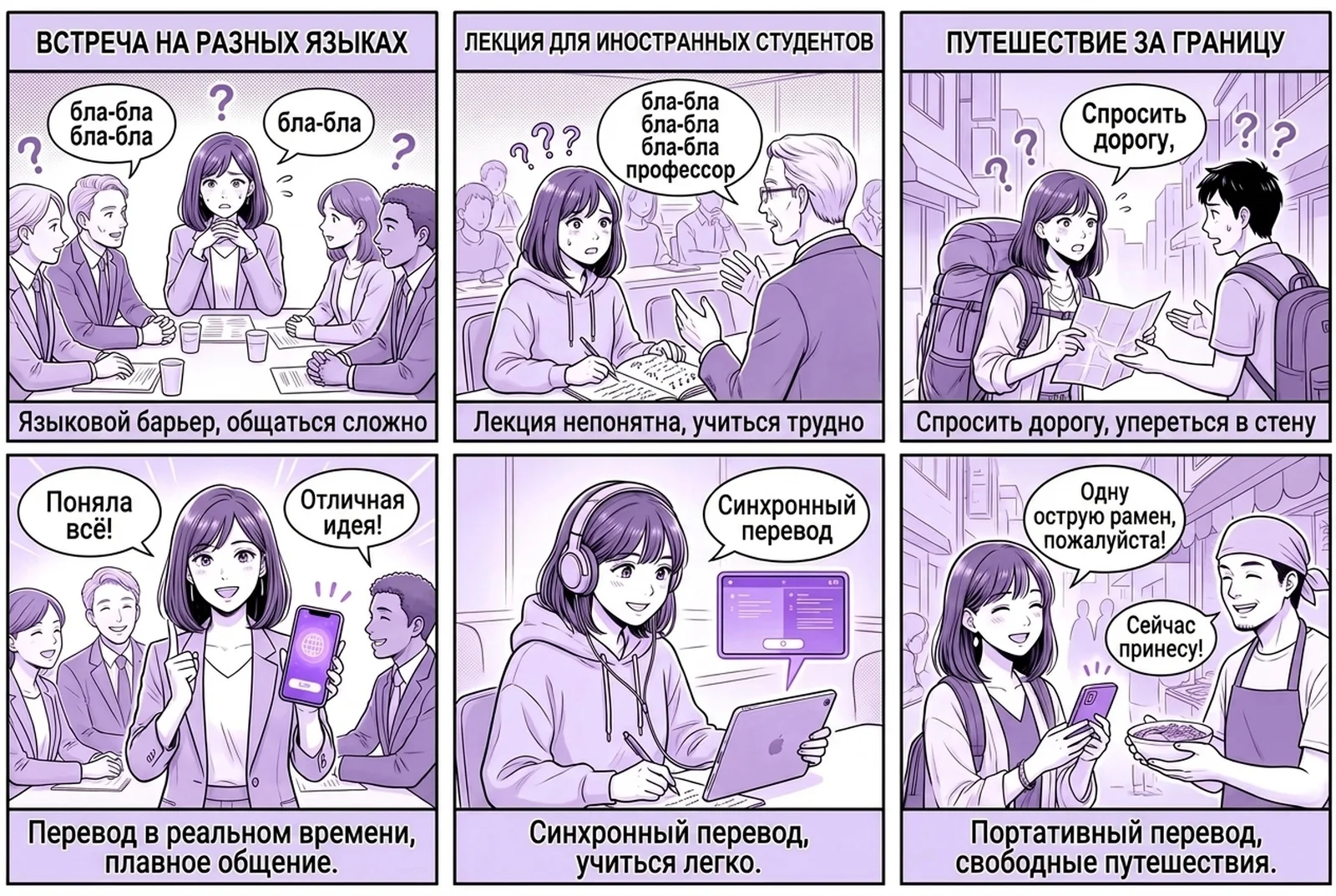 Комикс из шести кадров показывает, как работает приложение Felo Translator в трёх повседневных сценариях: на многоязычной деловой встрече, на лекции для иностранных студентов и в поездке за границу. В каждом кадре сказанное мгновенно распознаётся в текст и переводится на другой язык, оба языка отображаются рядом в приложении. Комикс из шести кадров показывает, как работает приложение Felo Translator в трёх повседневных сценариях: на многоязычной деловой встрече, на лекции для иностранных студентов и в поездке за границу. В каждом кадре сказанное мгновенно распознаётся в текст и переводится на другой язык, оба языка отображаются рядом в приложении.