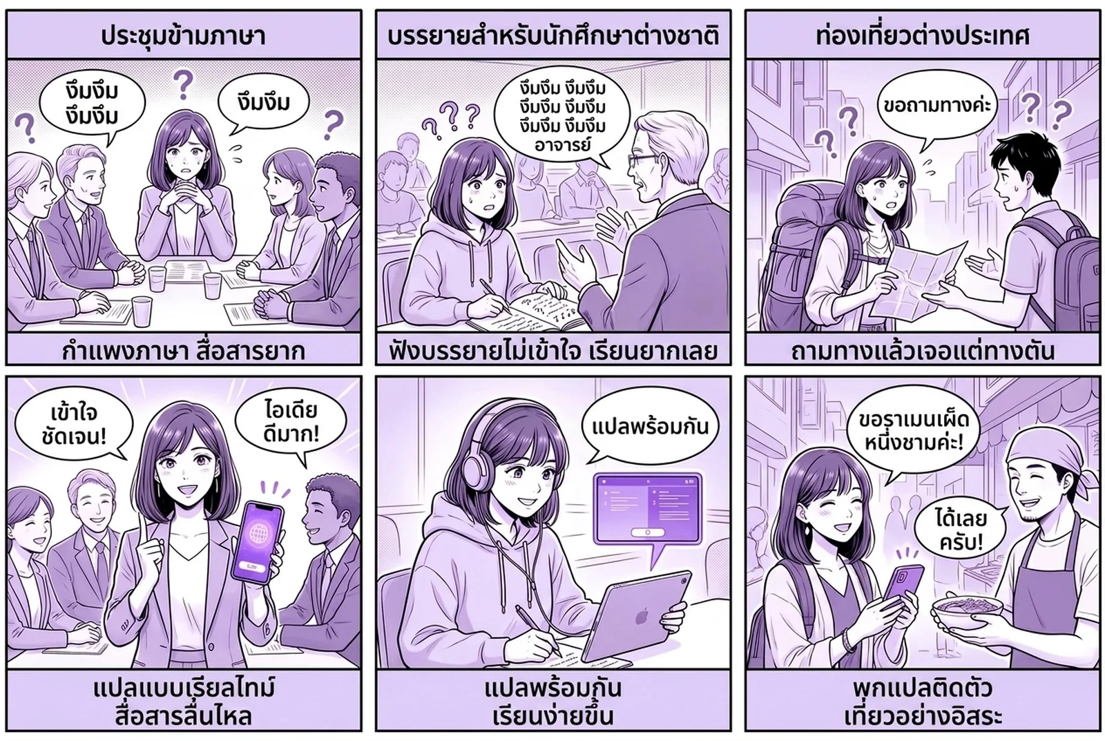 การ์ตูนหกช่องแสดงการใช้งานแอปแปลเสียงแบบเรียลไทม์ Felo Translator ในสามสถานการณ์ในชีวิตประจำวัน ได้แก่ การประชุมธุรกิจหลายภาษา การบรรยายกับนักศึกษาต่างชาติ และการเดินทางต่างประเทศ ในแต่ละช่อง เสียงพูดจะถูกถอดเป็นข้อความและแปลเป็นอีกภาษาหนึ่งทันที โดยแสดงทั้งสองภาษาเคียงข้างกันในแอป การ์ตูนหกช่องแสดงการใช้งานแอปแปลเสียงแบบเรียลไทม์ Felo Translator ในสามสถานการณ์ในชีวิตประจำวัน ได้แก่ การประชุมธุรกิจหลายภาษา การบรรยายกับนักศึกษาต่างชาติ และการเดินทางต่างประเทศ ในแต่ละช่อง เสียงพูดจะถูกถอดเป็นข้อความและแปลเป็นอีกภาษาหนึ่งทันที โดยแสดงทั้งสองภาษาเคียงข้างกันในแอป