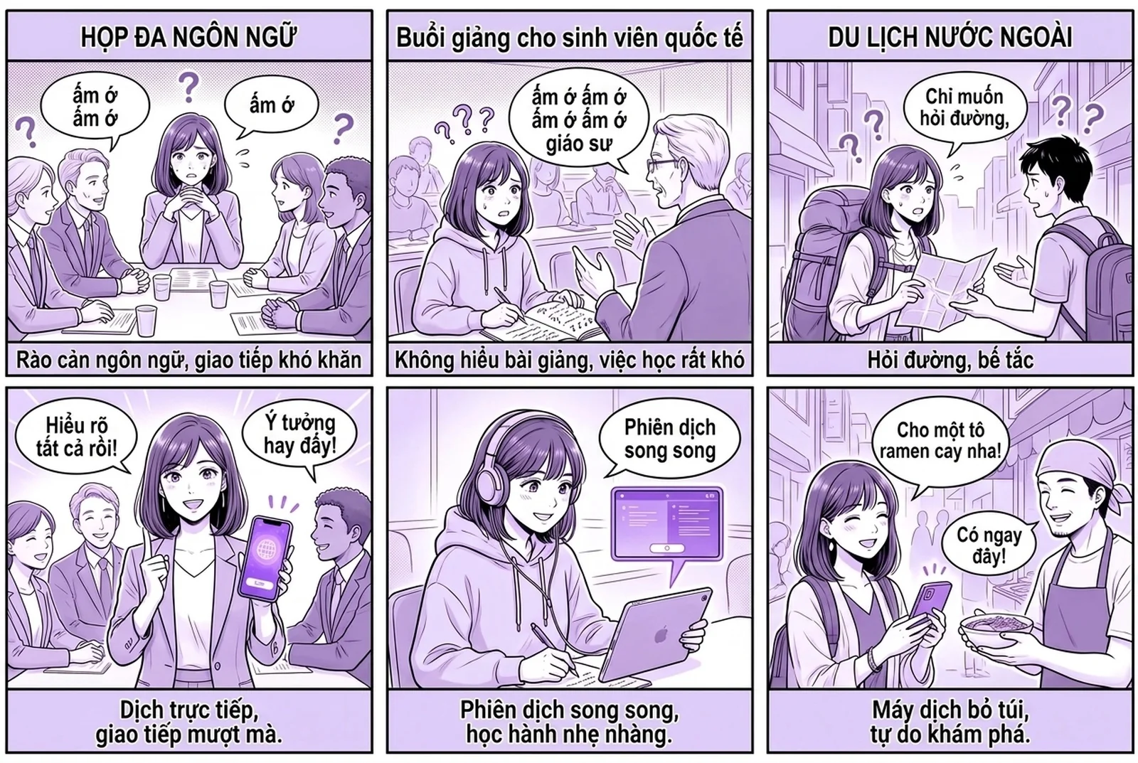 Truyện tranh sáu khung giới thiệu cách dùng ứng dụng dịch giọng nói theo thời gian thực Felo Translator trong ba tình huống đời thường: cuộc họp kinh doanh đa ngôn ngữ, buổi giảng cho sinh viên quốc tế và chuyến du lịch nước ngoài. Mỗi khung đều thể hiện lời nói được chuyển thành văn bản và dịch ngay sang ngôn ngữ khác, hai ngôn ngữ hiển thị song song trong ứng dụng. Truyện tranh sáu khung giới thiệu cách dùng ứng dụng dịch giọng nói theo thời gian thực Felo Translator trong ba tình huống đời thường: cuộc họp kinh doanh đa ngôn ngữ, buổi giảng cho sinh viên quốc tế và chuyến du lịch nước ngoài. Mỗi khung đều thể hiện lời nói được chuyển thành văn bản và dịch ngay sang ngôn ngữ khác, hai ngôn ngữ hiển thị song song trong ứng dụng.